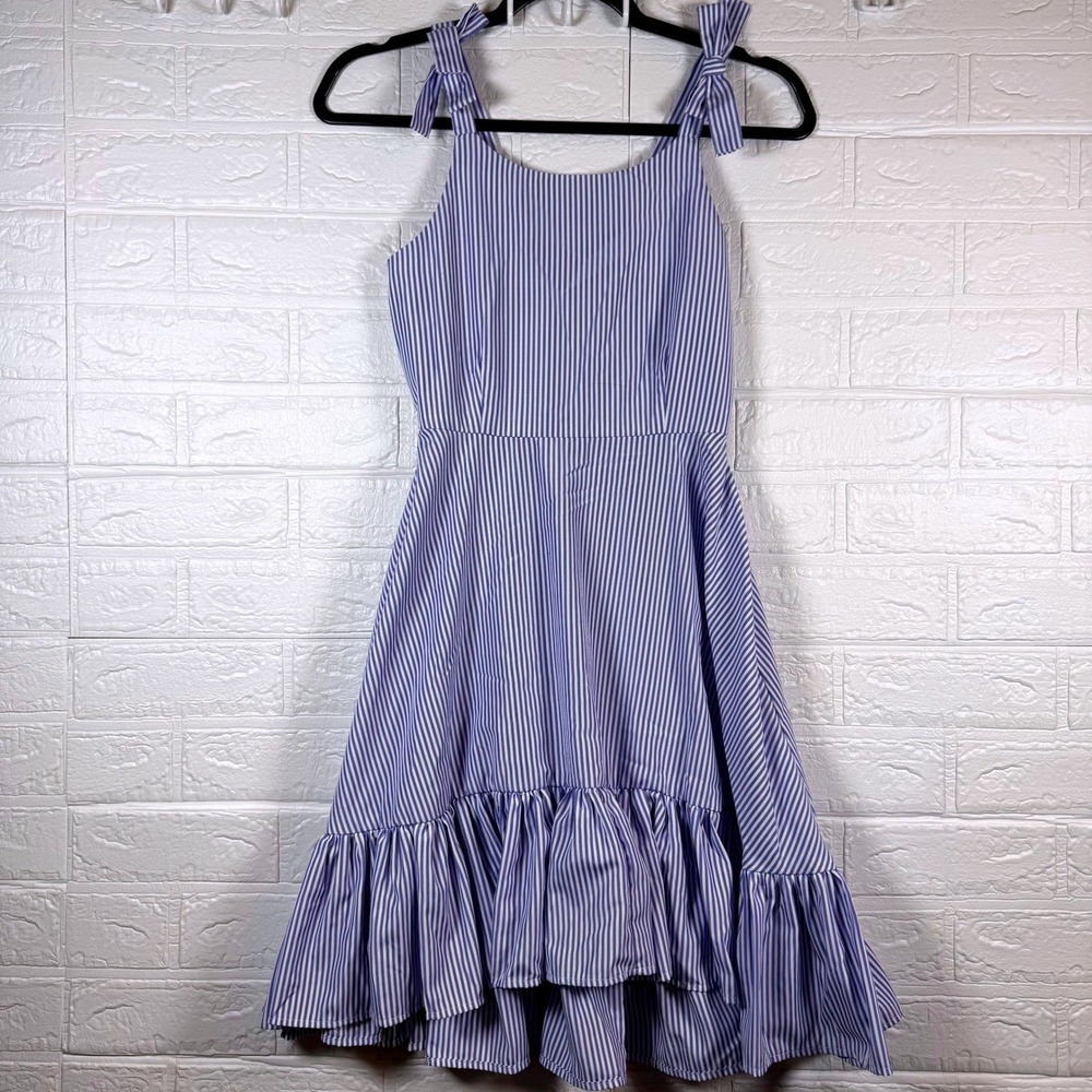 Habitual Girl Dress Kids Size L 14/16 Blue White Striped Tie Shoulder Ruffle Hem